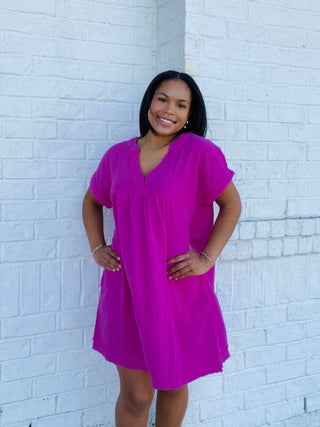 Hot Pink Gauze Dress- church dress,clothing,Curvy,dresses & rompers,Easter,Easter dress,HOT PINK,pink-Ace of Grace Women's Boutique