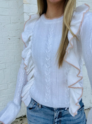 Cable Knit Ruffle Sweater- bow sweater,clothing,cream sweater,fuzzy sweater,knit sweater,LIGHT PINK,pink,pink sweater,pink top,RUFFLE SWEATER,RUFFLE TOP,ruffled,RUFFLED SWEATER,RUFFLES,Sale,Seasonal,SWEATER,sweater top,sweaters,Tops,white sweater-Ace of Grace Women's Boutique