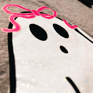 Cutest Ghost V-neck Tee- BOW, Bow detail, bow top, Curvy, ghost, ghosts, GLITTER, graphic, graphic T-shirt, GRAPHIC TEE, Graphic Tees, graphic tshirt, HALLOWEEN, halloween shirt, Halloween tshirt, ribbon, Ribbons, Seasonal, Tops-Ace of Grace Women's Boutique