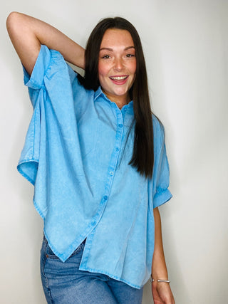 Washed Oversized Button Down Shirt- button down, button up, button up top, denim color, oversized, OVERSIZED TOP, Tops-Ace of Grace Women's Boutique