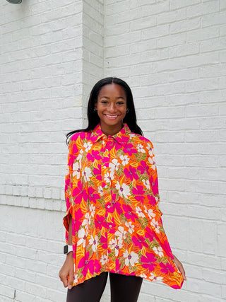 Pink & Orange Floral Print Loose Fit Top- floral,floral pattern,floral print,FLORAL TOP,florals,summer,SUMMER TOP,summer work top,Tops-Ace of Grace Women's Boutique