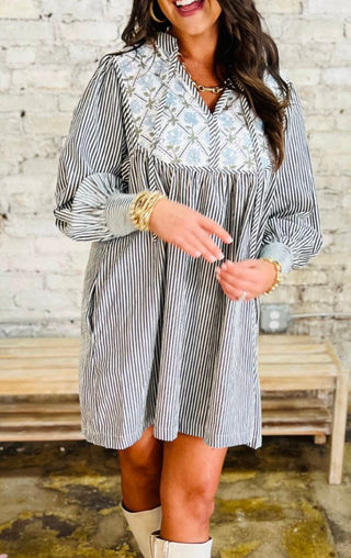 PREORDER - Striped Floral Long Sleeve Dress- Curvy,dresses & rompers,FALL,floral,floral dress,PLUS,PREORDER-Ace of Grace Women's Boutique