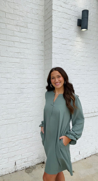 Long Sleeve Dress with Collared Neck- blue dress, church dress, clothing, COLLARED DRESS, Curvy, dress, dresses & rompers, Dressy, FALL, fall clothes, flowy dress, GREEN DRESS, GREEN PLUS SIZE DRESS, NAVY, Navy blue, olive, plus size dress, WOMENS DRESS, WOVEN-Ace of Grace Women's Boutique