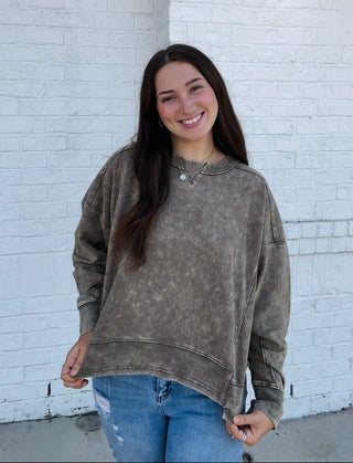 Brown Acid Wash Sweatshirt- Acid, beige sweatshirt, clothing, comfy sweatshirt, cropped sweatshirt, sweatshirt, SWEATSHIRTS, Tops-Ace of Grace Women's Boutique