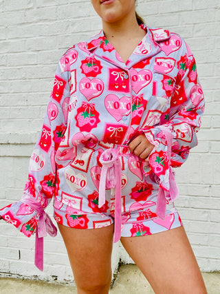 XOXO Bow Pajama Set- lounge,LOUNGE SET,Loungewear,pajama pants,pajama set,pajama shorts,pajama top,pajamas,Seasonal,VALENTINE,Valentine Collection,valentine pjs,valentine shorts,VALENTINES,VALENTINES GIFT-Ace of Grace Women's Boutique