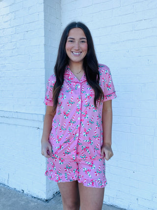 Candy Cane Pajama Set- Candy, candy cane queen, CHRISTMAS, CHRISTMAS CHEER, CHRISTMAS CHEERS, christmas pajamas, christmas pjs, christmas top, clothing, LIGHT PINK, LOUNGE SET, Loungewear, MERRY CHRISTMAS, pajama pants, pajama set, pajama shorts, pajama top, pajamas, pink, Sale, Seasonal, Sets-Ace of Grace Women's Boutique