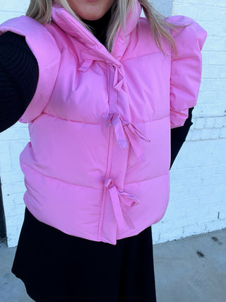 Pink Ruffle Puffer Vest- BOW,Bow detail,BOWS,clothing,HOT PINK,hot pink puffer,hot pink puffer jacket,LIGHT PINK,outerwear,pink,puffer vest,RUFFLE,ruffle set,ruffle sleeves,RUFFLE TOP,ruffled,RUFFLES,Sale,SWEATER VEST,Tops,VEST-Ace of Grace Women's Boutique