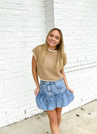 Bubble Hem Denim Skirt- BLUE DENIM, Bottoms, clothing, denim, denim color, denim shorts, denim skirt, denim skort, fall skirt, LIGHT DENIM, LIGHT DENIM SHORTS, Mini skirt, ruffle skort, ruffled skirt, skirt-Ace of Grace Women's Boutique