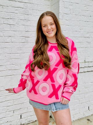 XOXO All Over Sweater- clothing, HEART, HEART PATTERN, HEARTS, loose fit, oversized, oversized sweater, plus size valentine, Seasonal, Tops, VALENTINE, Valentine Collection, valentine plus size, valentine pullover, VALENTINES, VALENTINES GRAPHIC TEE, valentines sweatshirt, VALENTINES TOP, XOXO-Ace of Grace Women's Boutique