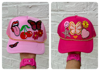 Pink Butterfly Trucker Hats- Accessories, accessory, butterflies, butterfly, Cherries, Cherry, hats, HOT PINK, LIGHT PINK, MadelynnGrace, pink, Pink hat, pink smiley, trucker hat, trucker hats-Ace of Grace Women's Boutique