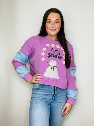 Let It Snow Cropped Color Block Sleeve Pullover- CHRISTMAS,Christmas Longsleeve,CHRISTMAS SHIRT,christmas sweatshirt,clothing,FALL,fall clothes,holiday,HOLIDAYS,let it snow,MERRY CHRISTMAS,outerwear,Seasonal,snow,sparkle season,Tops,winter-Ace of Grace Women's Boutique