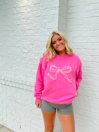 Embroidered Bow Sweatshirt- BOW, bow top, comfy sweatshirt, MadelynnGrace, pink sweatshirt, ribbon, sweatshirt, SWEATSHIRTS, Tops-Ace of Grace Women's Boutique