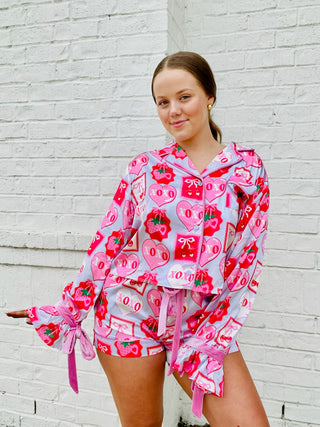 XOXO Bow Pajama Set- lounge,LOUNGE SET,Loungewear,pajama pants,pajama set,pajama shorts,pajama top,pajamas,Seasonal,VALENTINE,Valentine Collection,valentine pjs,valentine shorts,VALENTINES,VALENTINES GIFT-Ace of Grace Women's Boutique