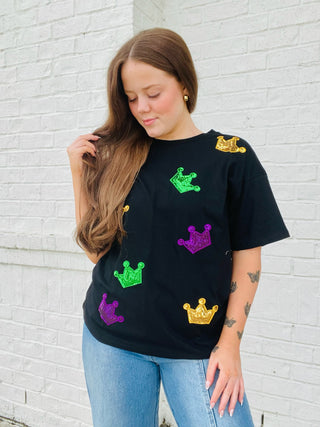 Sequin Crown Mardi Gras Top- BOWS,clothing,Crown,Crowns,MARDI GRAS,MARDI GRAS TEE,MARDI GRAS TOP,Seasonal,Tops-Ace of Grace Women's Boutique