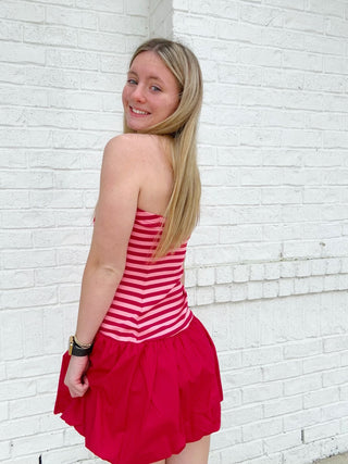 Strapless Striped Mini Dress- clothing, Dress, dresses & rompers, pink, pink striped, RED, red dress, Seasonal, Stripe, STRIPED, striped dress, stripes, VALENTINE, Valentine Collection, VALENTINES, VALENTINES DRESS-Ace of Grace Women's Boutique