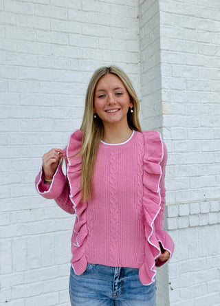 Cable Knit Ruffle Sweater- bow sweater,clothing,cream sweater,fuzzy sweater,knit sweater,LIGHT PINK,pink,pink sweater,pink top,RUFFLE SWEATER,RUFFLE TOP,ruffled,RUFFLED SWEATER,RUFFLES,Sale,Seasonal,SWEATER,sweater top,sweaters,Tops,white sweater-Ace of Grace Women's Boutique