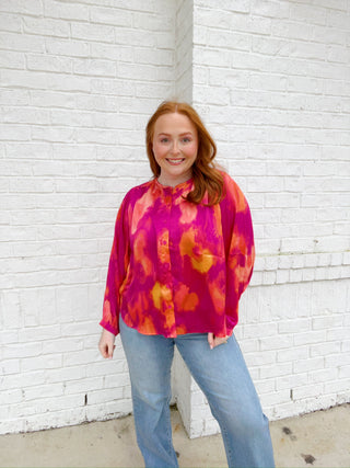 Fuschia Abstract Print Top- clothing, Curvy, LONG SLEEVE, long sleeve top, long sleeves, longsleeve, Peasant, pink long sleeve, PLUS, plus size, PLUS SIZE TOP, plus size valentine, Seasonal, Tops, VALENTINE, valentine plus size, VALENTINES, VALENTINES TOP-Ace of Grace Women's Boutique