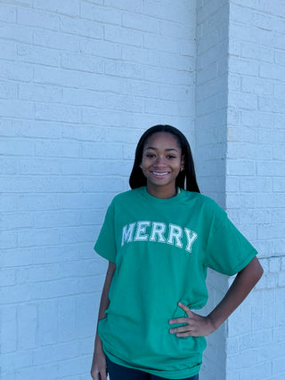 Green Merry Tee- CHRISTMAS,curv,Curvy,merry,MERRY CHRISTMAS,MERRY CHRISTMAS Y’ALL,Seasonal,Tops-Ace of Grace Women's Boutique