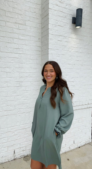 Long Sleeve Dress with Collared Neck- blue dress, church dress, clothing, COLLARED DRESS, Curvy, dress, dresses & rompers, Dressy, FALL, fall clothes, flowy dress, GREEN DRESS, GREEN PLUS SIZE DRESS, NAVY, Navy blue, olive, plus size dress, WOMENS DRESS, WOVEN-Ace of Grace Women's Boutique