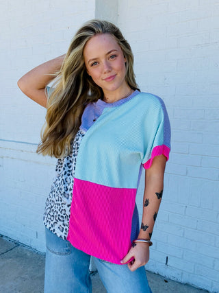 Ribbed Colorblock Top- animal, ANIMAL PRINT, CHEETAH, CHEETAH PRINT, clothing, Curvy, LEOPARD, LEOPARD PRINT, Pink shirt, ribbed, RIBBED FABRIC, ribbed mom top, RIBBED TOP, summer shirt, Tops-Ace of Grace Women's Boutique