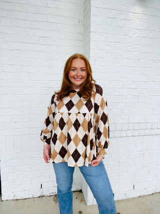 Long Sleeve Argyle Top- Argyle, brown top, clothing, Curvy, FALL, fall clothes, fall transition, LONG SLEEVE, long sleeve top, long sleeves, mama top, mocha top, mom top, Multi top, PLUS SIZE TOP, Tops-Ace of Grace Women's Boutique