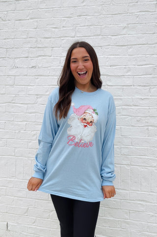 Santa Believe Long Sleeve T-Shirt- Believe, CHRISTMAS, CHRISTMAS GRAPHIC TEE, Christmas Longsleeve, CHRISTMAS SHIRT, christmas sweatshirt, Christmas tee, CHRISTMAS TREE, clothing, Curvy, Santa, Santa shirt, Seasonal, Tops-Ace of Grace Women's Boutique