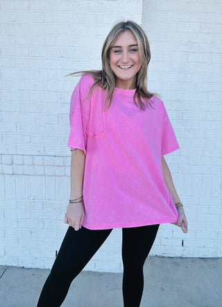 Hot Pink Classic Mineral Washed Tee- clothing, Curvy, LIGHT PINK, pink, pink top, Tops-Ace of Grace Women's Boutique