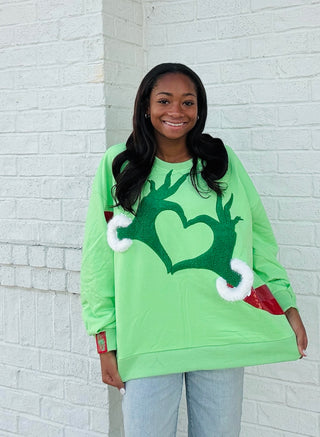Queen of Sparkles Green Hand Heart Sweatshirt- CHRISTMAS,CHRISTMAS CHEER,CHRISTMAS GRAPHIC TEE,Christmas Longsleeve,CHRISTMAS SHIRT,christmas sweatshirt,Christmas tee,christmas top,curv,Curvy,Grinch,MERRY CHRISTMAS,QUEEN,queen of sparkles,QUEEN OF SPARKLES PLUS SIZE,QUEEN OF SPARKLES SWEATER,QUEEN OF SPARKLES TEE,QUEEN OF SPARKLES TSHIRT,Seasonal,sparkle season,Tops-Ace of Grace Women's Boutique