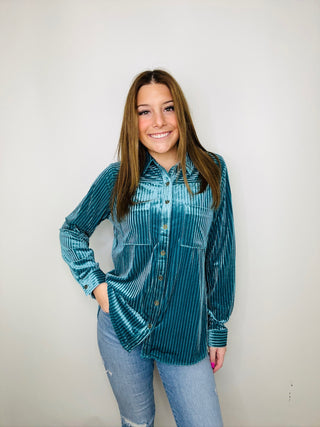 Ribbed Velvet Button Up Long Sleeve- clothing, curvy, ribbed, RIBBED FABRIC, RIBBED TOP, Sale, Tops, velvet, velvet top-Ace of Grace Women's Boutique