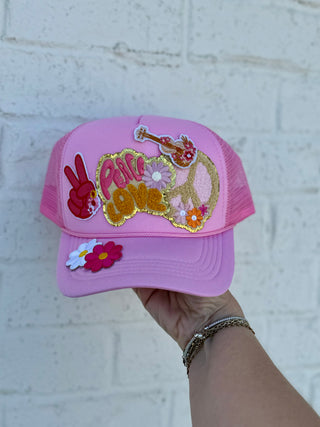 Peace & Love Groovy Trucker Hat- Accessories, accessory, groovy, hair accessory, HAT, hats, MadelynnGrace, peace, PEACE SIGN, Pink hat, trucker hat, trucker hats-Ace of Grace Women's Boutique