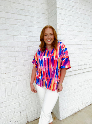 Multicolor Feather V-neck Top- Curvy, Perfect for work, summer work top, Tops, work, Work tank, WORK TOP-Ace of Grace Women's Boutique