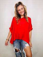 Red Oversized Satin Button Down Top