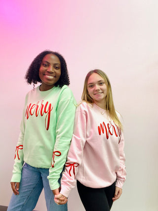 Foil Merry Bow Sweatshirt- clothing, Curvy, merry, MERRY CHRISTMAS, MERRY CHRISTMAS Y’ALL, oversized sweatshirt, Seasonal, sweatshirt, SWEATSHIRTS, Tops-Ace of Grace Women's Boutique