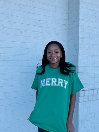 Green Merry Tee- CHRISTMAS,curv,Curvy,merry,MERRY CHRISTMAS,MERRY CHRISTMAS Y’ALL,Seasonal,Tops-Ace of Grace Women's Boutique