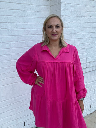 Hot Pink V-Neck Tiered Dress- clothing,dresses & rompers,Guaze,HOT PINK-Ace of Grace Women's Boutique