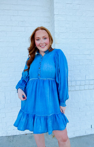 Classy Denim Ruffle Dress. ONE SMALL LEFT- denim, dress, dresses & rompers, flowy dress, Sale-Ace of Grace Women's Boutique