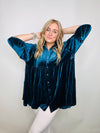 Teal Velvet Button Up Tunic- blue dress, BUTTON UP DRESS, COLLARED DRESS, dress, flowy dress, velvet, VELVET DRESS-Ace of Grace Women's Boutique