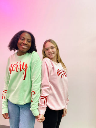 Foil Merry Bow Sweatshirt- clothing, Curvy, merry, MERRY CHRISTMAS, MERRY CHRISTMAS Y’ALL, oversized sweatshirt, Seasonal, sweatshirt, SWEATSHIRTS, Tops-Ace of Grace Women's Boutique