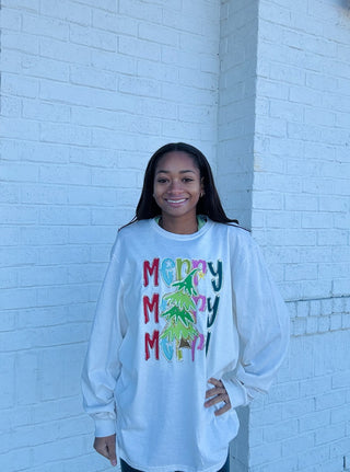 Rhinestone Merry Long Sleeve Tee- christian shirt,CHRISTMAS,CHRISTMAS GRAPHIC TEE,curv,Curvy,merry,MERRY CHRISTMAS,PLUS,Sale,Seasonal,Tops-Ace of Grace Women's Boutique
