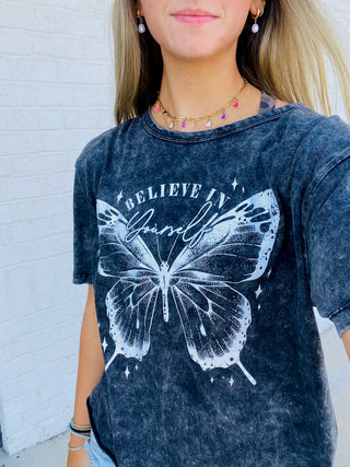 Butterfly Graphic Tee- butterflies, butterfly, butterfly tee, clothing, graphic, graphic T-shirt, GRAPHIC TEE, Graphic Tees, graphic tshirt, Tops-Black-S-Ace of Grace Women's Boutique