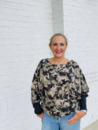 Camouflage Top with Contrast Cuffs & Thumb Opening- camo,camo shirt,camo top,Camouflage,Curvy,fuzzy sweater,PLUS,plus size,plus size graphic tee,plus size sweatshirt,PLUS SIZE TEE,PLUS SIZE TOP,plus sizes,plus sweatshirt,SWEATER,sweater top,Tops-Ace of Grace Women's Boutique