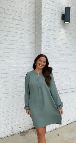 Long Sleeve Dress with Collared Neck- blue dress, church dress, clothing, COLLARED DRESS, Curvy, dress, dresses & rompers, Dressy, FALL, fall clothes, flowy dress, GREEN DRESS, GREEN PLUS SIZE DRESS, NAVY, Navy blue, olive, plus size dress, WOMENS DRESS, WOVEN-Ace of Grace Women's Boutique