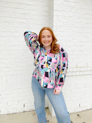 Abstract Print Puff Sleeve Top- Abstract, clothing, Curvy, Perfect for work, PLUS, plus size, PLUS SIZE TOP, Tops, work, WORK TOP-Ace of Grace Women's Boutique