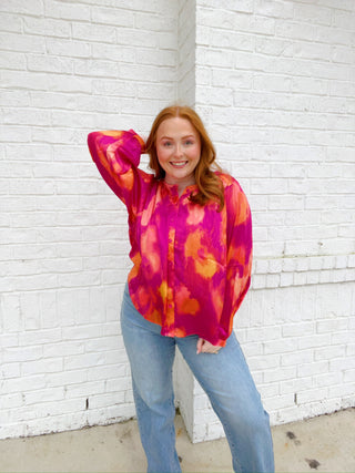 Fuschia Abstract Print Top- clothing, Curvy, LONG SLEEVE, long sleeve top, long sleeves, longsleeve, Peasant, pink long sleeve, PLUS, plus size, PLUS SIZE TOP, plus size valentine, Seasonal, Tops, VALENTINE, valentine plus size, VALENTINES, VALENTINES TOP-Ace of Grace Women's Boutique