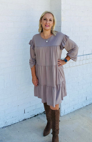 Tiered Ruffle Detail Dress - Mocha- colorful dress,Curvy,dress,dresses & rompers,Dressy,Midi Dress,plus dress,plus size dress,teacher-Ace of Grace Women's Boutique