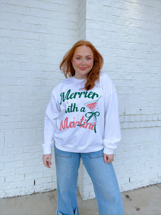 Merrier with a Martini Sweatshirt- christmas sweatshirt, clothing, comfy sweatshirt, Curvy, Martini, Merrier, merry, MERRY CHRISTMAS, MERRY CHRISTMAS Y’ALL, merry every thing, oversized sweatshirt, plus sweatshirt, Seasonal, sweatshirt, SWEATSHIRTS, Tops-Ace of Grace Women's Boutique