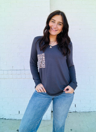 Long Sleeve Cheetah Pocket Tee- clothing,Curvy,Tops-Ace of Grace Women's Boutique