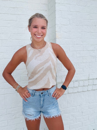 Sleeveless Animal Print Knit Top- animal,ANIMAL PRINT,clothing,Halter,HALTER NECK,HALTER NECK TOP,halter top,sleeveless,summer tank,SWEATER TANK,tank,tank top,Tops,ZEBRA,zebra print,ZEBRA TOP-Ace of Grace Women's Boutique