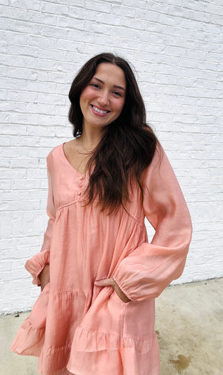 Soft Crinkled Long Sleeve Dress- BLUSH, church dress, clothing, colorful dress, dress, dresses & rompers, Dressy, dressy shorts, flowy dress, LONG SLEEVE, long sleeves, mini dress, pink dress, ruched dress, RUFFLED DRESS, SILK DRESS, WOMENS DRESS-Ace of Grace Women's Boutique