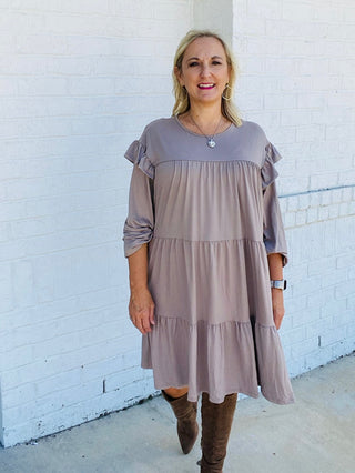 Tiered Ruffle Detail Dress - Mocha- colorful dress,Curvy,dress,dresses & rompers,Dressy,Midi Dress,plus dress,plus size dress,teacher-Ace of Grace Women's Boutique